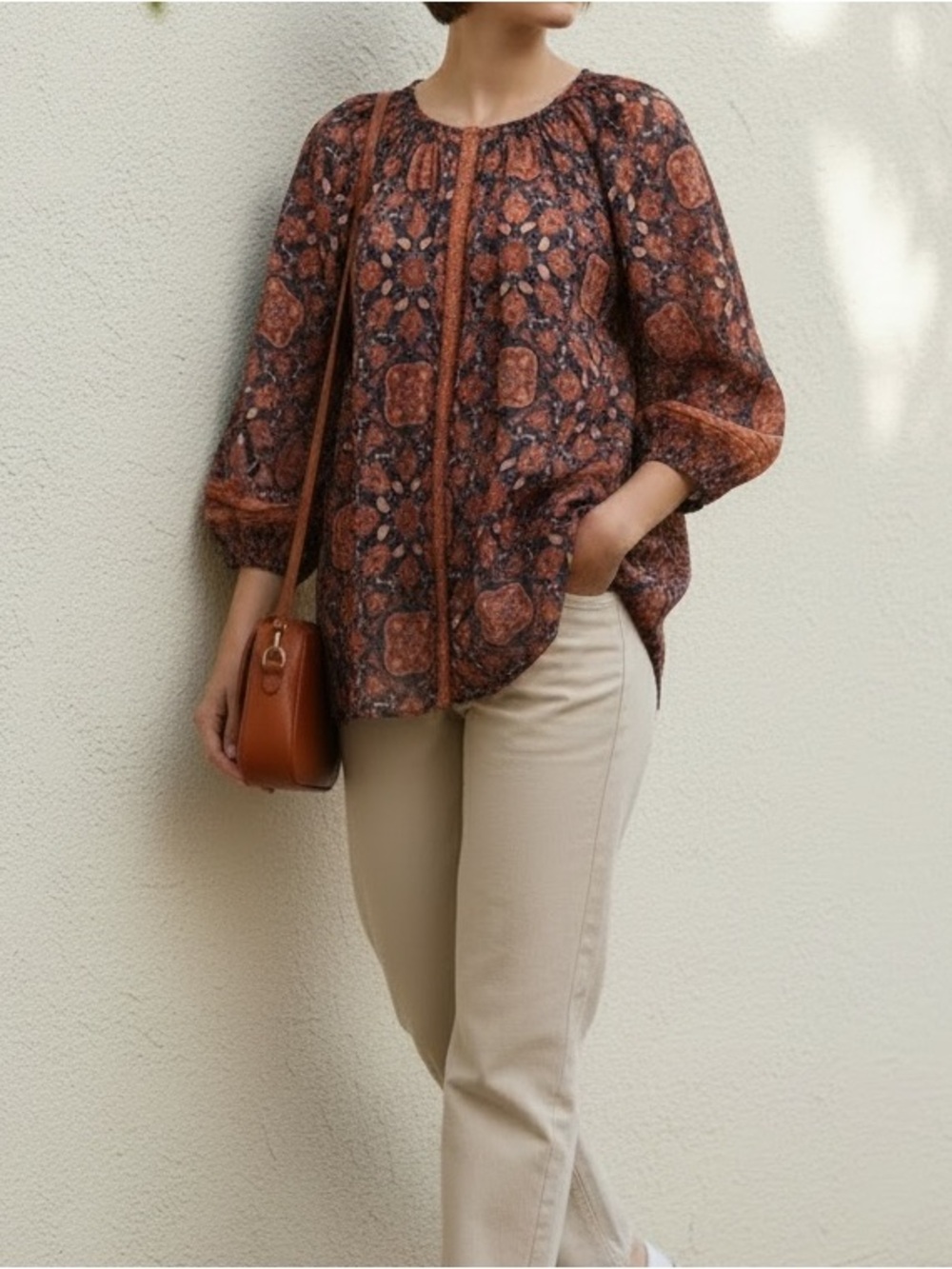 Kobi Halperin Karine Boho Floral Peasant Top in Rust and Navy M